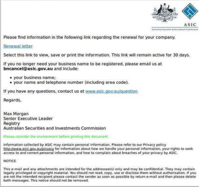 The ASIC company renewal scam. Supplied by Sophos