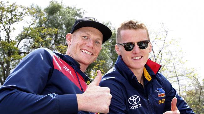 Adelaide ruckmen Sam Jacobs and Reilly O'Brien during the 2017 AFL Grand Final parade in Melbourne. Picture: Sarah Reed