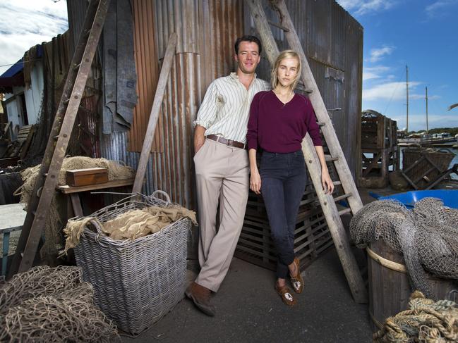 Aussie actor Thomas Cocquerel and Isabel Lucas on the set of In Like Flynn, a $12 million Errol Flynn biopic filmed on the Gold Coast. Picture: Nigel Hallett.