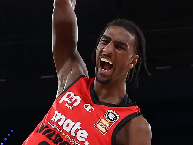PERTH, AUSTRALIA - MARCH 08: Alex Sarr of the Wildcats dunks  during game one of the NBL Semifinal series between Perth Wildcats and Tasmania Jackjumpers at RAC Arena, on March 08, 2024, in Perth, Australia. (Photo by Paul Kane/Getty Images)