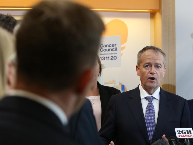 NEWS2019ELECTION 17/4/2019. Day 7 Opposition Leader Bill Shorten in an exchange with channel ten reporter Jonathan Lea during a press conference at  visiting ST John of God Midland Public Hospital with Shadow Treasurer Chris Bowen, Shadow Minister for Health and Medicare Catherine King, Member for Brand, Madeleine King, LaborÕs candidate for Hasluck James Martin, LaborÕs candidate for Swan, Hannah Beazley and LaborÕs candidate for Pearce, Kim Travers to make a cancer funding announcement in Perth, WA. Picture Kym Smith