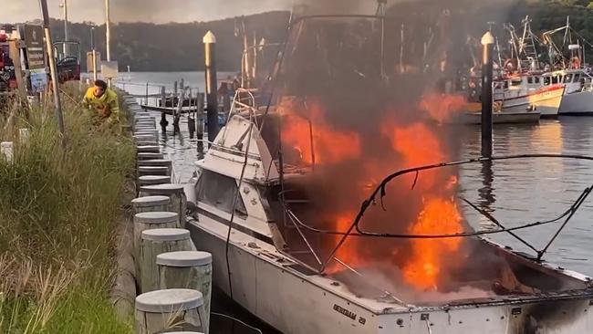 Firefighters respond to the scene at the Brooklyn Marina. Picture: Greg Manning