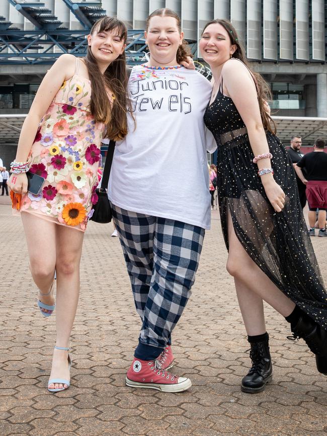 SYDNEY, AUSTRALIA - Daily Telegraph Photos February 26, 2024: Lizzy, Charlotte and Sophia at Taylor Swift's The Eras Tour concert held at Accor Stadium in Sydney. Picture: Christian Gilles