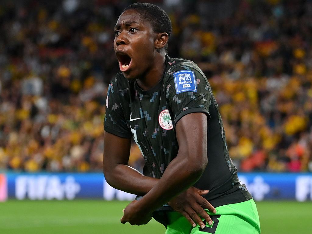 Asisat Oshoala’s goal put Nigeria 3-1 up. Picture: Justin Setterfield/Getty Images