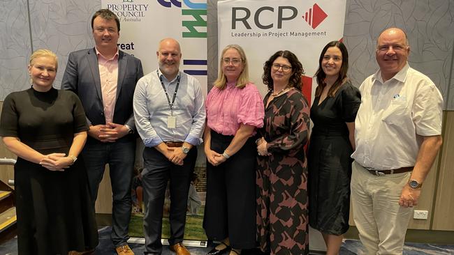 NBN’s Cassie Barrett, State Development's Chris Aston, Townsville City Council's Paul Needham, Kristan Conlon, EDQ’s Debbie McNamara, Property Council of Australia's Jess Caire, and Coast2Bay Housing Group's Andrew Alvin at The Ville Resort-Casino. Picture: Leighton Smith.