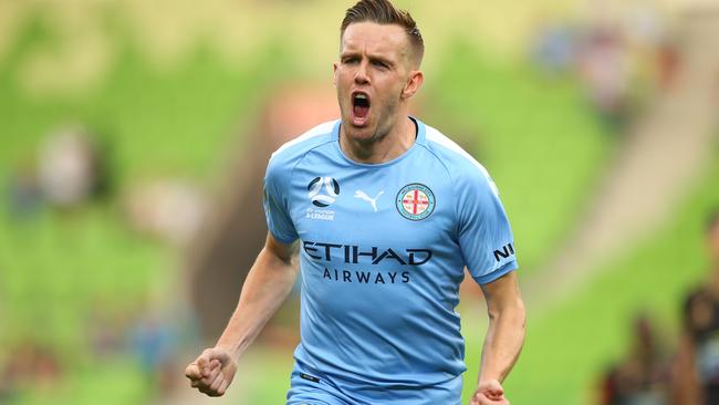 Craig Noone of Melbourne City after scoring a goal during the round-15 A-League match against the Newcastle Jets at AAMI Park on Saturday. Picture: Getty Images