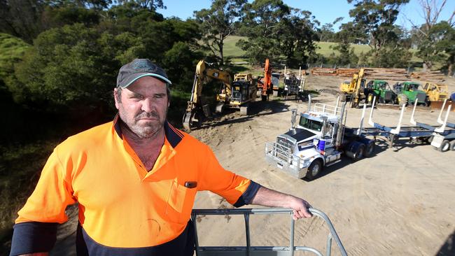 Rob Brunt, at the yard with his timber harvesting gear in Orbost. Picture: Yuri Kouzmin