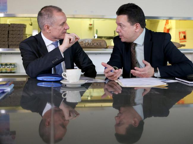 SA Premier Jay Weatherill meets with Senator Nick Xenophon. Picture: Kelly Barnes/The Australian