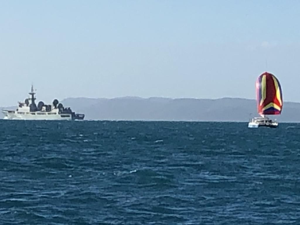 The ship was filmed passing by a yacht off the Queensland coast. Picture: Rampaging_ryan/Twitter