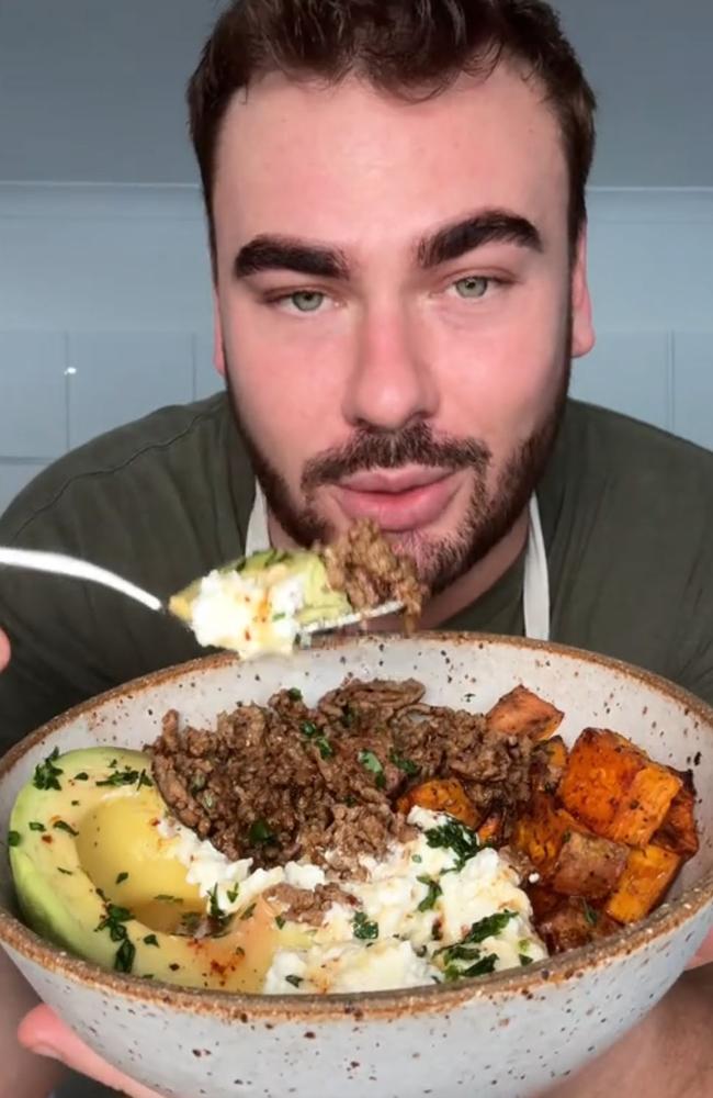 The Hot Honey Sweet Potato Beef Bowl was made popular on TikTok last week, and it features cottage cheese. Picture: TikTok/Michael Finch