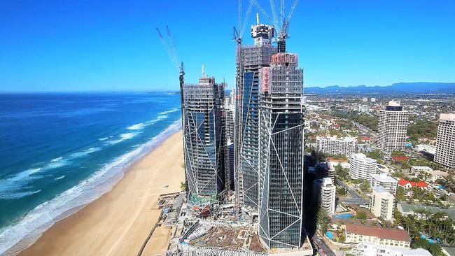 Jewel towers at Surfers Paradise — the first tower (on the left) has topped out at its 34 floor height as of late June.