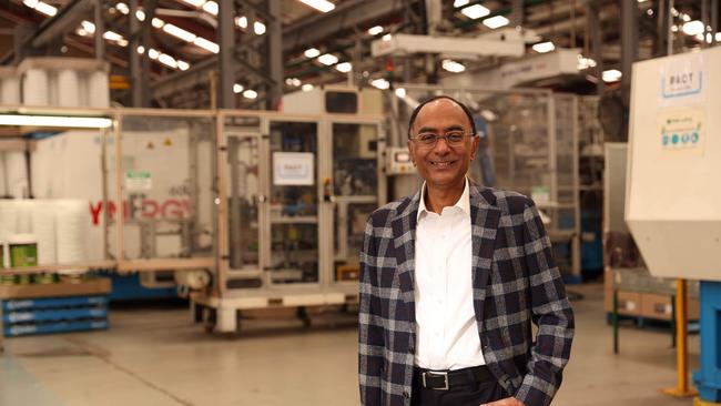 Pact Group chief executive Sanjay Dayal at the company’s factory in Villawood. Mr Dayal says Australia is at risk of “spectacularly failing” to meet our plastic packaging targets, without government intervention.