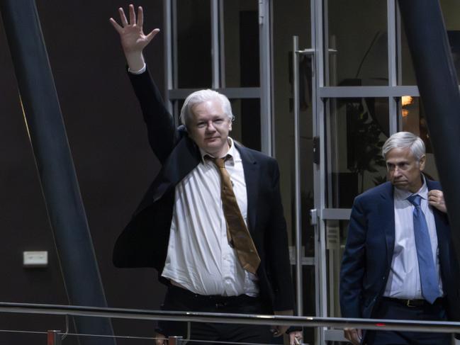 Julian Assange walks with Barry Pollack after landing in Canberra. Picture: NewsWire / Martin Ollman