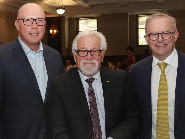 Neil Mitchell farewell/retirement lunch at Melbourne town hall. Peter Dotton, Neil Mitchell and PM Anthony Albanese. Friday, February 9, 2024. Picture: David Crosling