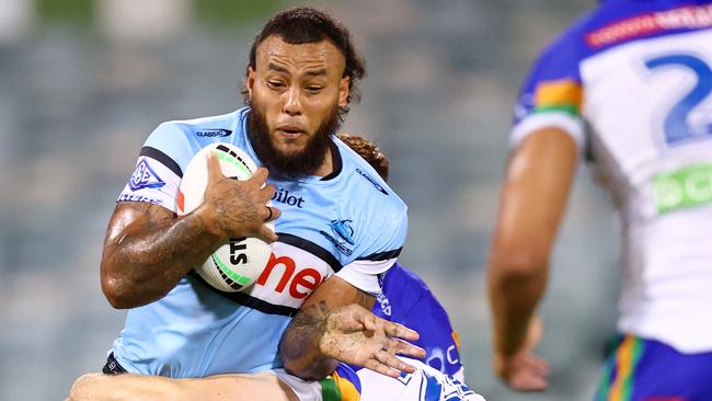 CANBERRA, AUSTRALIA - FEBRUARY 13: Addin Fonua-Blake of the Sharks in action during the round two NRL Pre-Season Challenge match between Canberra Raiders and Cronulla Sutherland Sharks at GIO Stadium on February 13, 2025 in Canberra, Australia. (Photo by Mark Nolan/Getty Images)