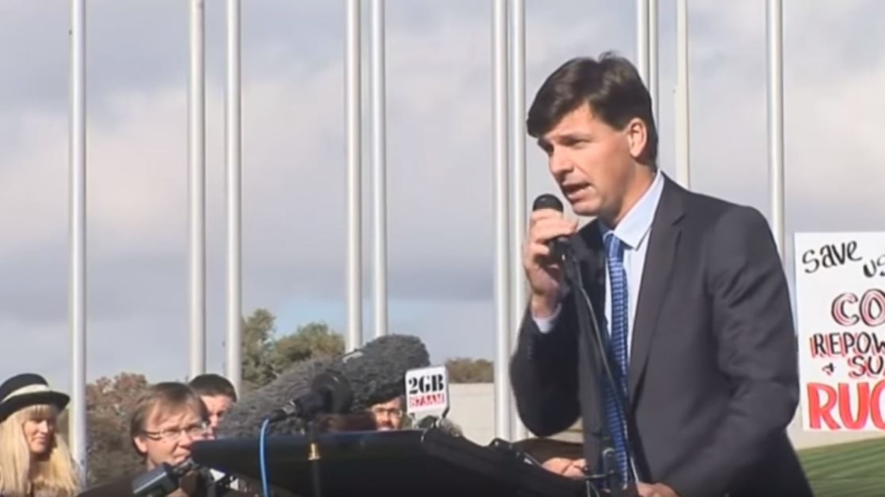 A then yet-to-be-elected Minister for Energy and Emissions Reduction Angus Taylor speaking against subsidies for renewables outside Parliament House in 2013. Picture: YouTube/Crispin Trist