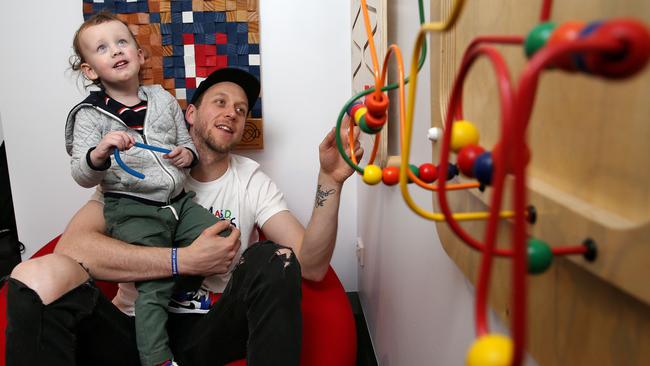 Joe and Jacob in the sensory room at Marvel Stadium. Picture: Michael Klein.