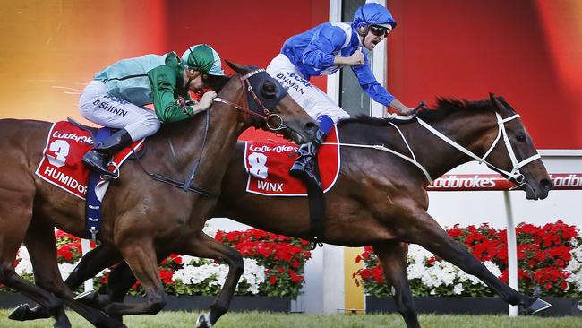 Super mare Winx, ridden by jockey Hugh Bowman, takes out last year’s Cox Plate, which will receive a $2 million cash injection. Picture: David Caird