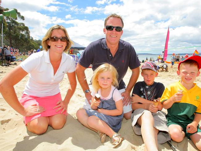 Australia Day 2011 celebrations, the annual A Day On The Beach celebrations at Kingston Beach, Tasmanian Liberal Party leader Will Hodgman on the beach with his family, wife Nicky Hodgman, childlren Lily Hodgman (4), William Hodgman (9) and James Hodgman (7)