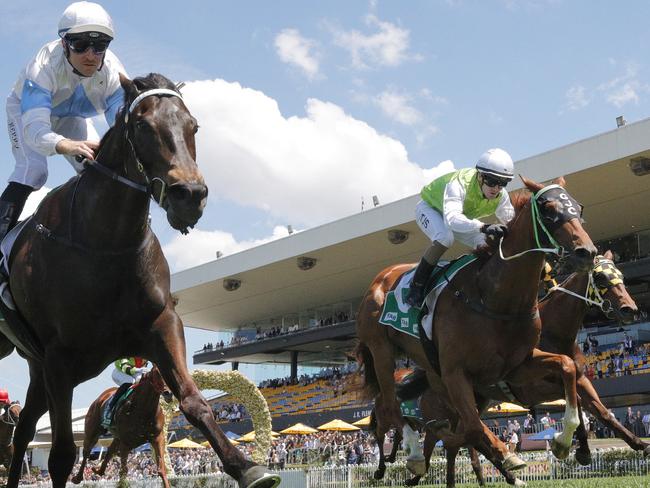 SYDNEY, AUSTRALIA - NOVEMBER 06: Tommy Berry on So Say You wins race 2 the Vale Chris Kearns Highway during Sydney Racing at Rosehill Gardens on November 06, 2021 in Sydney, Australia. (Photo by Mark Evans/Getty Images)