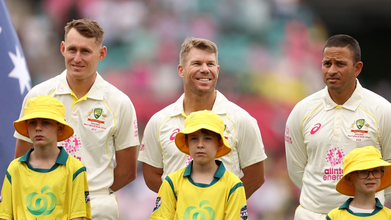 David Warner (C) and Usman Khawaja (R) have pledged to not leave Australia in a hole with double retirements.. Picture: Getty