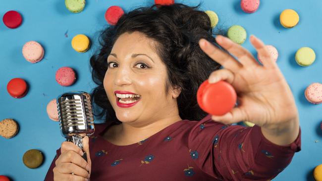 Pic of jazz singer Vanessa Fernandez with Zumbo macaroons. Picture: Norm Oorloff