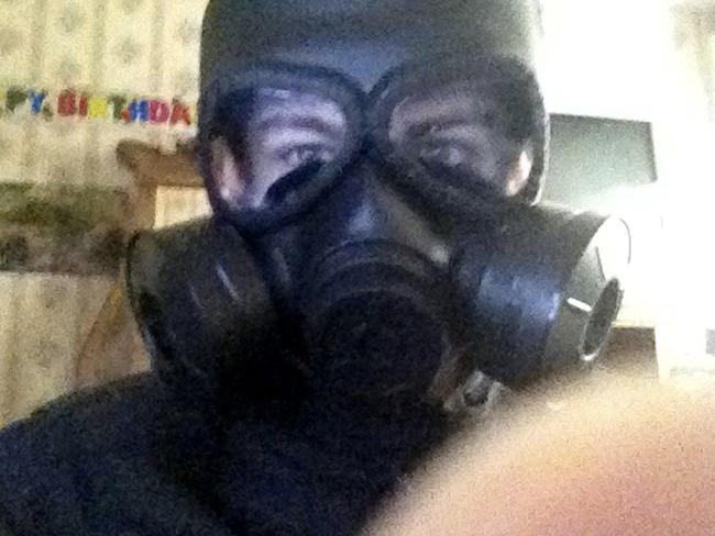 Bryer Schmegelsky wearing a black gas mask. Picture: Supplied