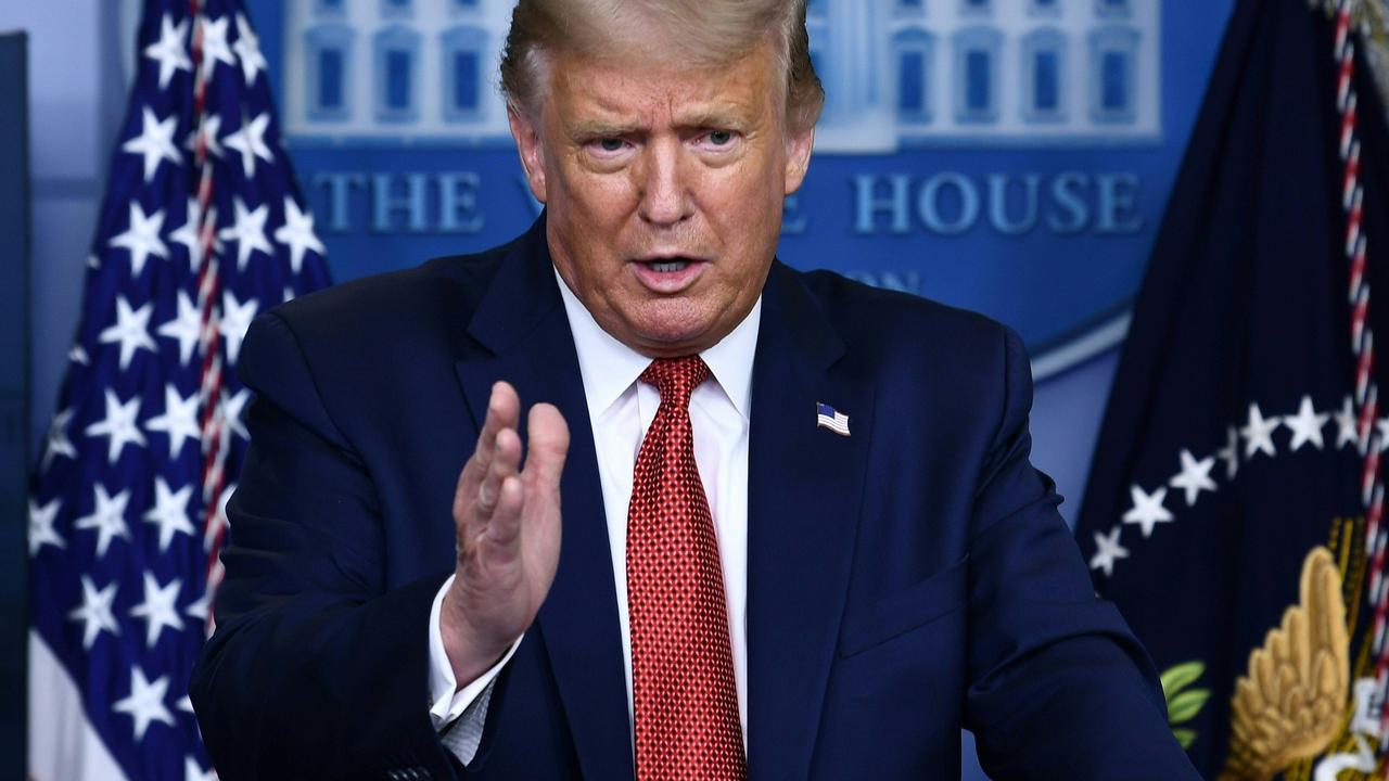 Donald Trump at today’s media briefing, which was interrupted by a shooting near the White House. Picture: Brendan Smialowski/AFP