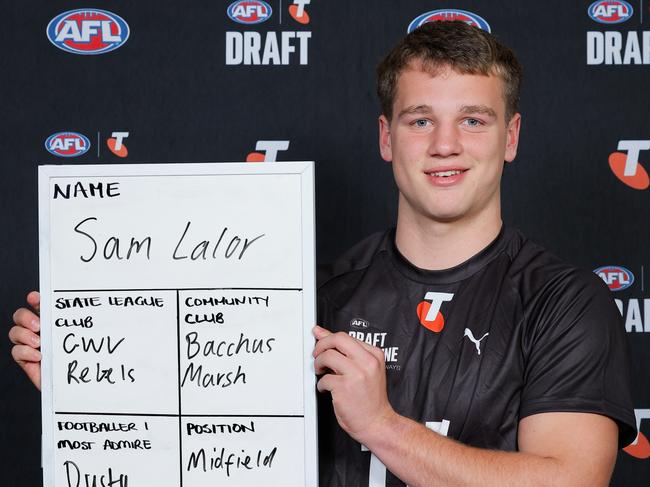 MELBOURNE, AUSTRALIA - OCTOBER 04: Sam Lalor (Victoria Country - GWV Rebels) poses for a photo during the Telstra AFL National Draft Combine Day 1 at the Melbourne Cricket Ground on October 04, 2024 in Melbourne, Australia. (Photo by Dylan Burns/AFL Photos via Getty Images)