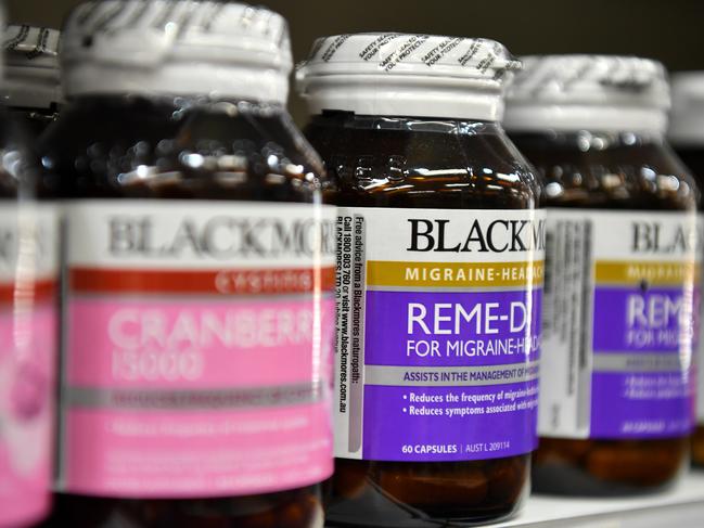 Blackmores vitamins are seen for sale at a chemist in Sydney, Tuesday, February 19, 2019. Blackmores shares have hit an 18-month low after the vitamin maker warned its sales in China were not expected to grow within the next six months. (AAP Image/Joel Carrett) NO ARCHIVING