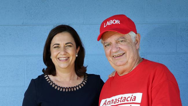 ### QUEST TO PRINT FIRST ON 4/2/15 ### Leader of the Opposition and Member for Inala Annastacia Palaszczuk with her father Henry Palaszczuk who formerly held the seat, election day, Richlands East State School polling booths. Photographer: Liam Kidston.