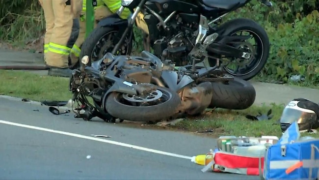 A man in his 30s is dead after the motorcycle he was riding and a truck collided close to Brisbane Airport. Picture: 7NEWS