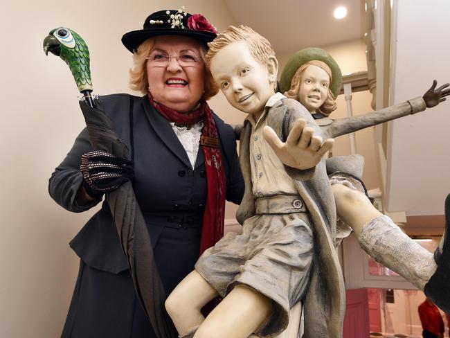 Opening of Story Bank in Maryborough - Carmel Murdoch (Maryborough's Mary Poppins) with sculptures of Michael and Jane Banks.