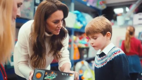 The Princess of Wales launches Christmas Baby Banks initiative - 12 December 2023. , Princess of Wales Kate Middleton, Prince George, Princess Charlotte and Prince Louis help out at the Baby Bank in Maidenhead, UK., Picture: Kensington Palace/Youtube