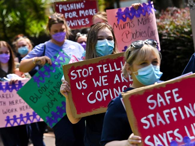 NSW public hospital nurses went on strike in February 2022 over staff shortages and pandemic-related stresses. Picture: Steven Saphore/AFP