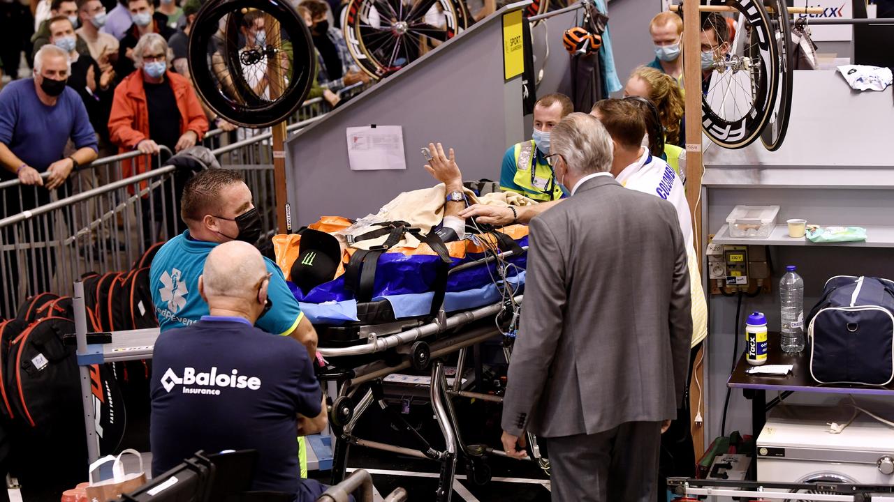 He was taken out on a stretcher. Photo by Mark Van Hecke/Getty Images