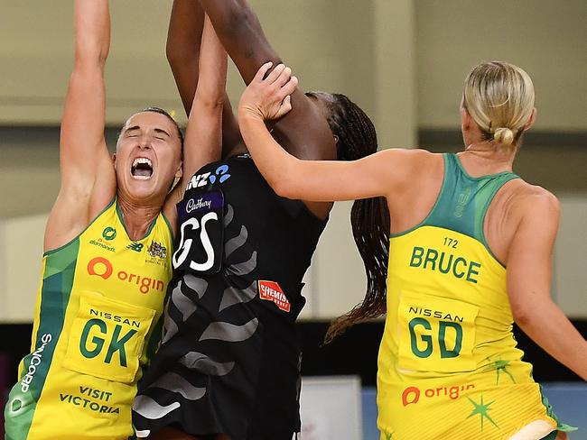 CAPE TOWN, SOUTH AFRICA - JANUARY 22: Sarah Klau of Australia, Grace Nweke of New Zealand and Courtney Bruce of Australia during the Netball Quad Series match between Australia and New Zealand at Cape Town International Convention Centre on January 22, 2023 in Cape Town, South Africa. (Photo by Ashley Vlotman/Gallo Images)