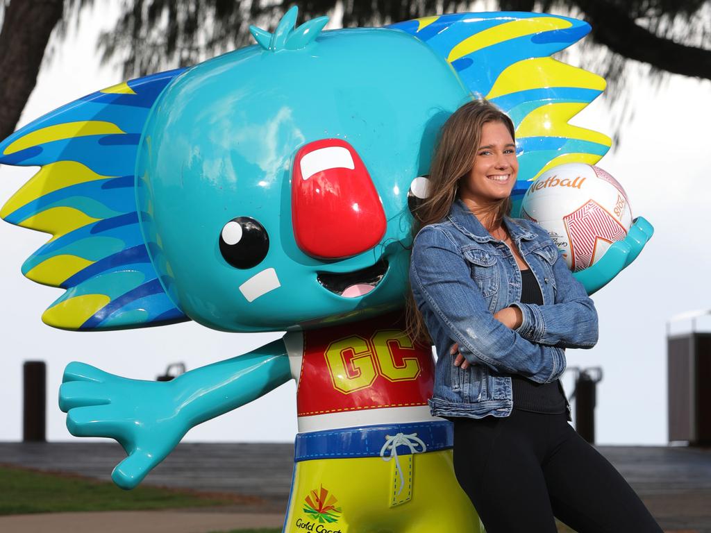 Mascot Borobi with Eve Lutze, who was the face of the Gold Coast Commonwealth Games bid.