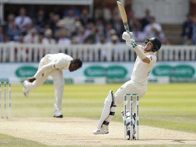 Australia's Steve Smith hits a ball from England's Jofra Archer during play on day four of the 2nd Ashes Test cricket match between England and Australia at Lord's cricket ground in London, Saturday, Aug. 17, 2019. (AP Photo/Alastair Grant)