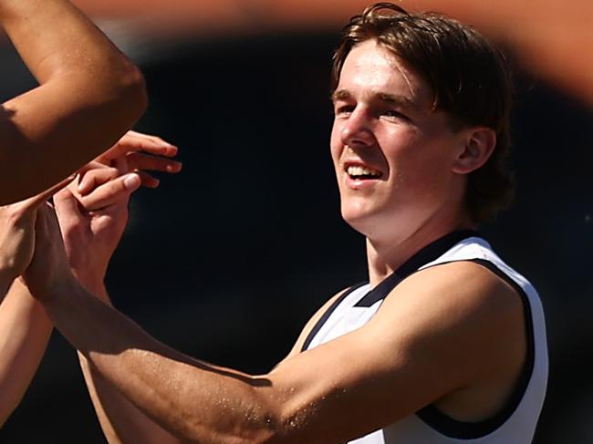 MELBOURNE, AUSTRALIA - SEPTEMBER 17: William McLachlan of the Geelong Falcons (R) celebrates kicking a goal during the Coates Talent League Boys Preliminary Final match between Sandringham Dragons and Geelong Falcons at Queen Elizabeth Oval on September 17, 2023 in Melbourne, Australia. (Photo by Graham Denholm/AFL Photos via Getty Images)