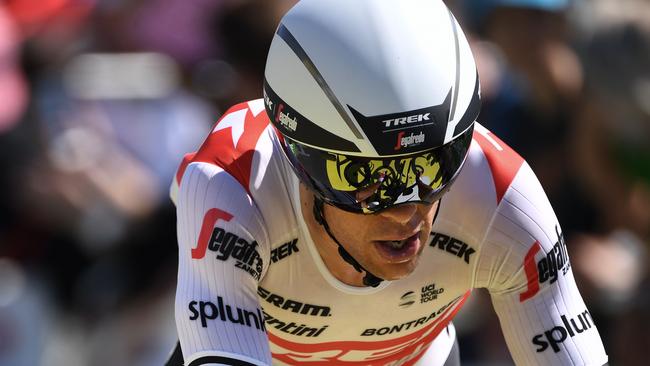 Australia's Richie Porte crosses the finish line of the thirteenth stage of the 106th edition of the Tour de France cycling race, a 27,2-kilometer individual time-trial in Pau, on July 19, 2019. (Photo by JEFF PACHOUD / AFP)