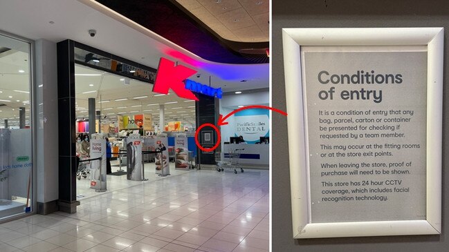 A Kmart store in Marrickville, NSW, shows a small warning about the use of facial recognition technology. Picture: Choice