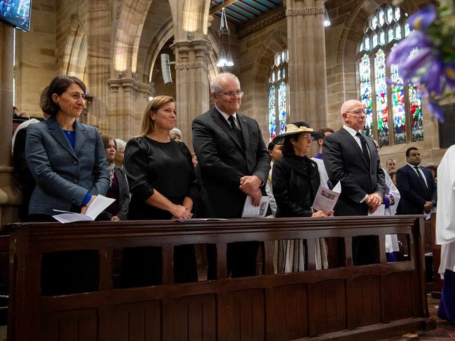 SYDNEY, AUSTRALIA - NewsWire Photos APRIL, 11, 2021: (L-R) NSW Premier Gladys Berejiklian, Jenny Morrison, Prime Minister Scott Morrison, Linda Hurley and Governor-General David Hurley are seen during a special prayer service to commemorate the death of Prince Philip, Duke of Edinburgh, at St Andrew's Cathedral in Sydney. Picture: NCA NewsWire/Bianca De Marchi - POOL via NewsWire