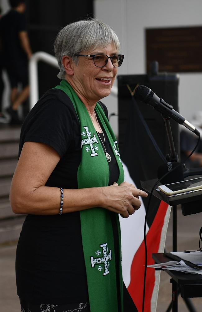 Uniting Church reverend Helen Richmond speaking at a protest outside of NT parliament on Friday October 27 calling for a ceasefire in the Gaza conflict.