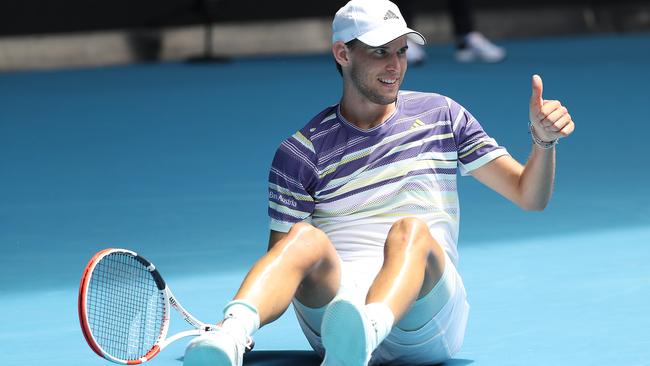 A thumbs up after a tumble for Austrian star Dominic Thiem. Picture: Getty Images