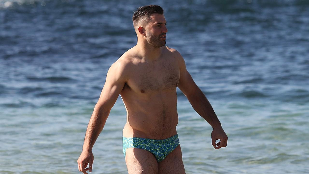 James Tedesco shows off his body at a swim at Clovelly. Picture: Brett Costello