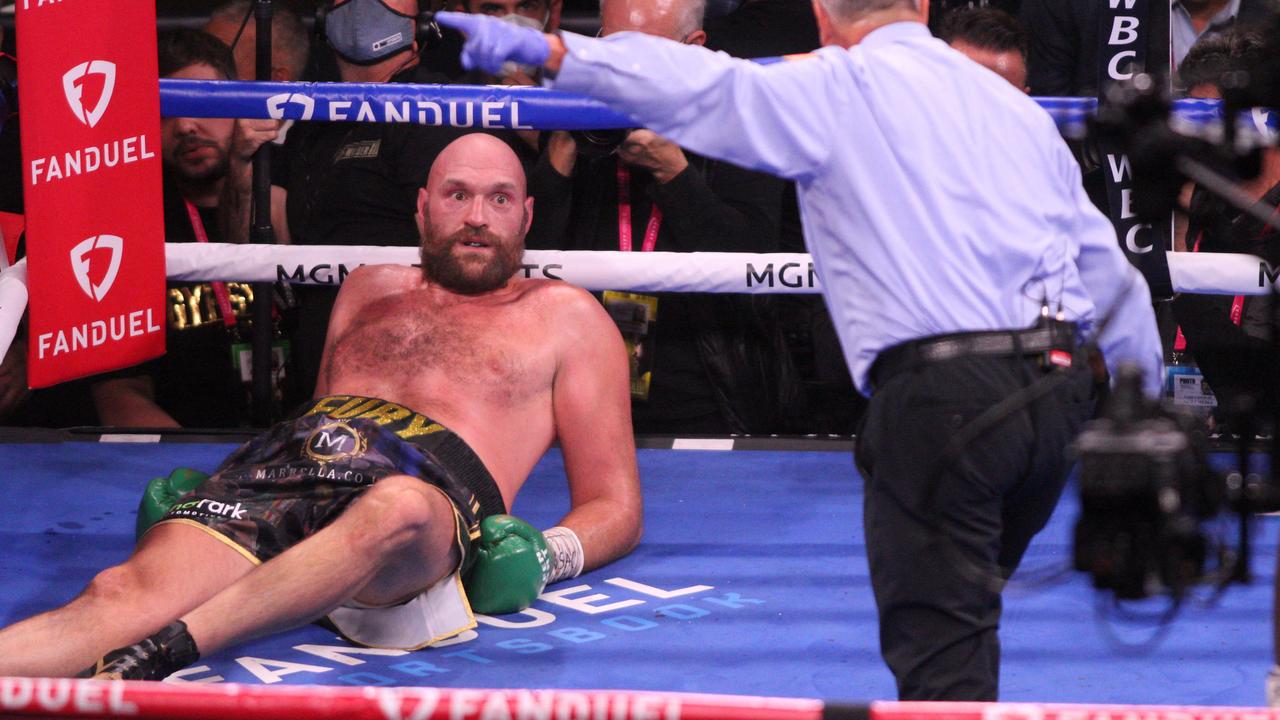 Tyson Fury was knocked down twice in the fourth round. Photo by Tom Hogan/Anadolu Agency via Getty Images