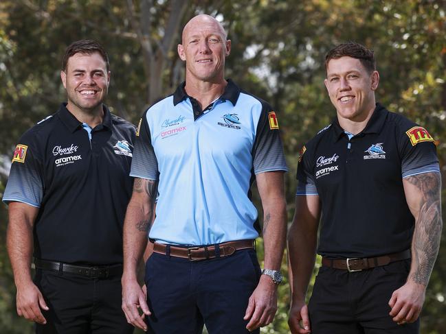 (L-R) Wade Graham, with new Sharks Coach, Craig Fitzgibbon and recruit Cameron McInness. Picture: Justin Lloyd.