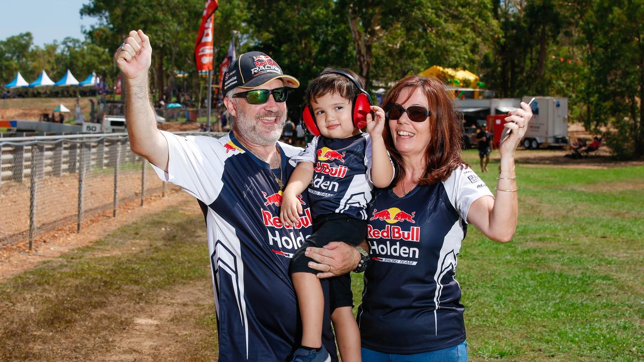 Jason and Kerry Puszkar with their grandson Keo, 3, at the Darwin Supercars at Hidden Valley. Picture: GLENN CAMPBELL