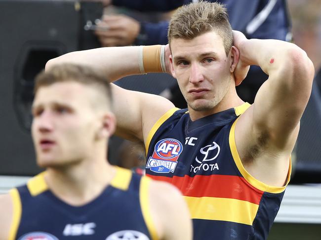 Adelaide Crows’ Rory Laird and Josh Jenkins. Picture: SARAH REED